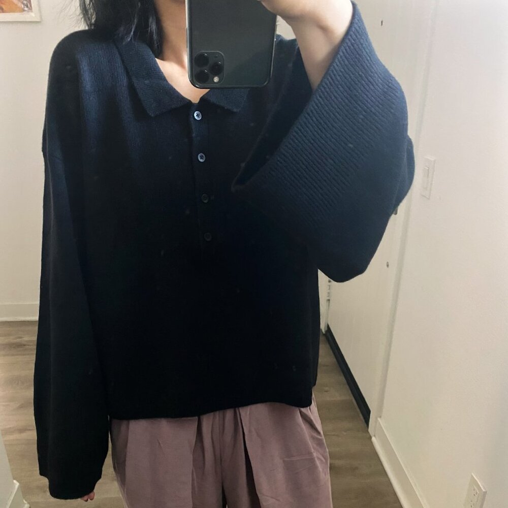 NWT Toteme Cashmere Polo Shirt Knit Oversized Sweater Black XXS Wide Sleeve